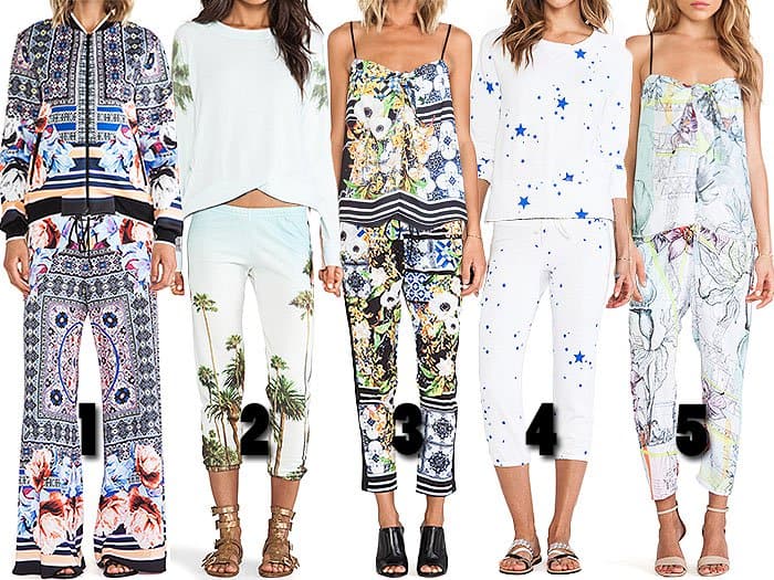 Stylish and comfortable options include Clover Canyon's "Byzantine Scarf" set, All Things Fabulous' "Palm Tree" set, Clover Canyon's "Greek Tiles" set, Monrow's Exclusive Sweatshirt and 3/4 Sweatpants, and Clover Canyon's "Floral Line Drawing" set