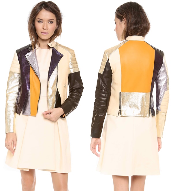 3 1 Phillip Lim Colorblocked Biker Jacket with Shoulder & Elbow Padding