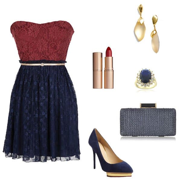 Blue and red pleated lace dress with platform pumps and accessories