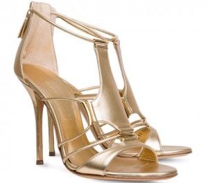 Rita Ora Wears Shimmery Gold Dress and Casadei “Trikini” Sandals