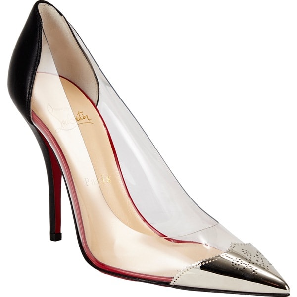 Christian Louboutin "Djalouzi" PVC pump featuring patent-covered counter and 4" heel