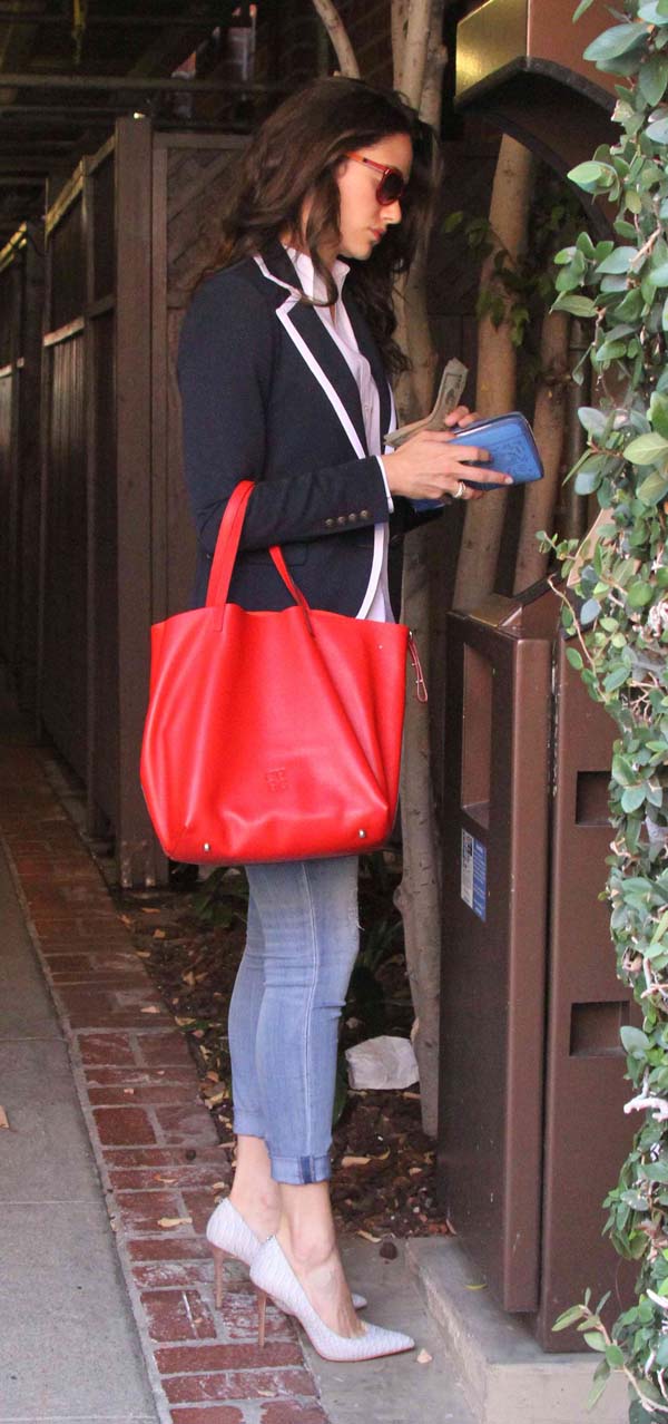 Emmy Rossum in a preppy blazer outfit with Coach Harlee heels