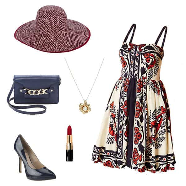Gorgeous dress with straw hat, black pumps, and accessories