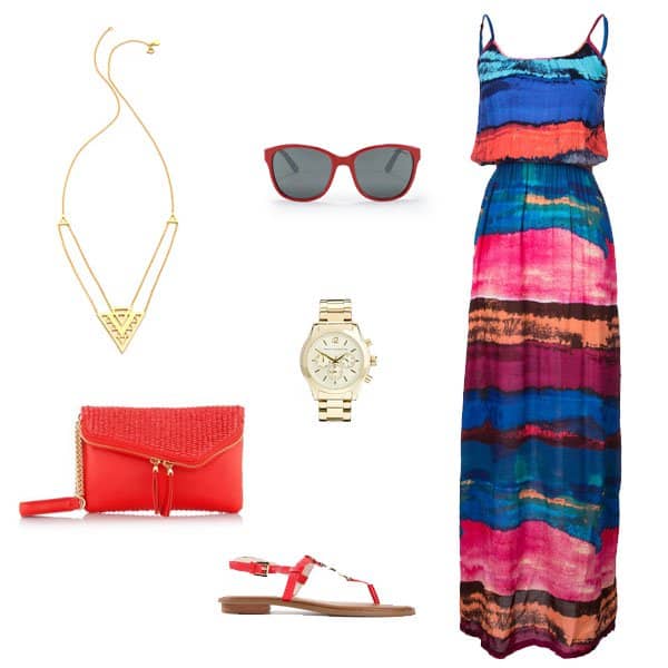 Maxi dress with red flat sandals and accessories