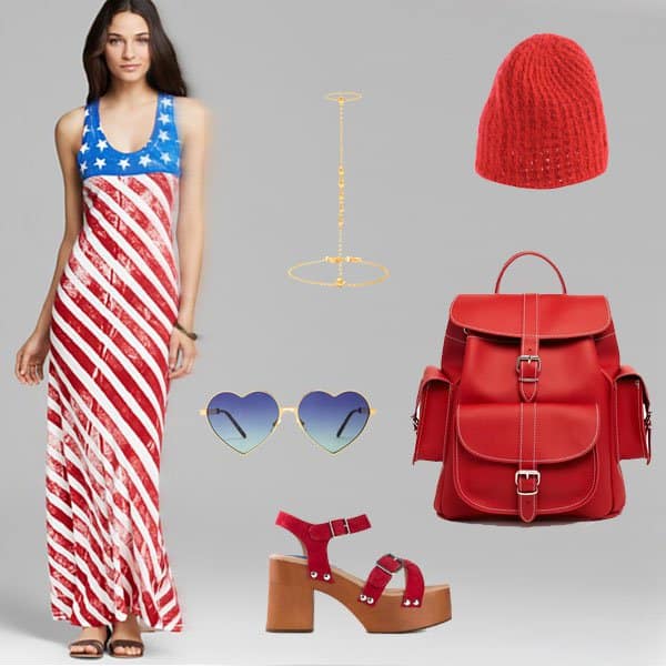 American flag dress with wedge sandals and accessories