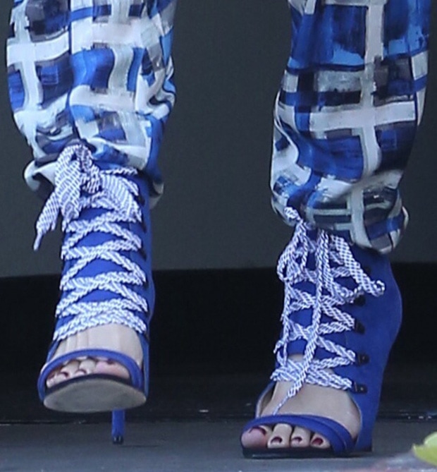 Gwen Stefani wearing GX by Gwen Stefani sandal booties