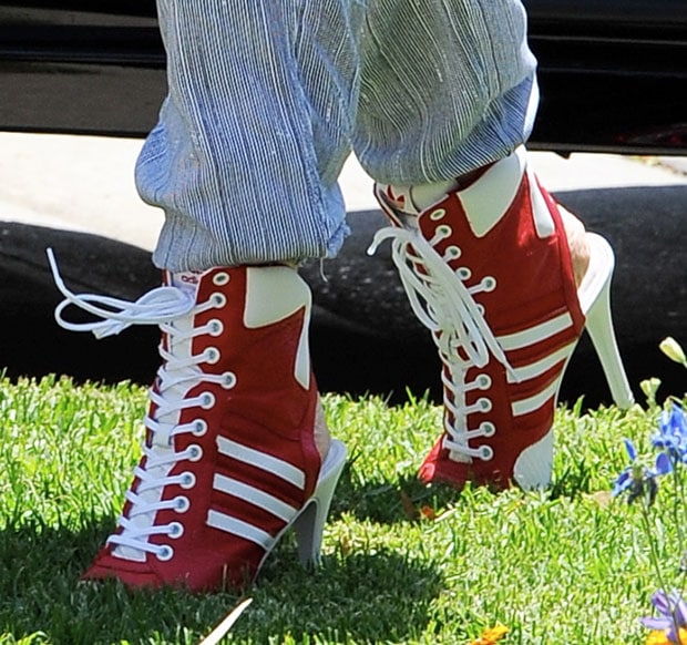 Gwen Stefani wearing Jeremy Scott for adidas high-heel sneakers