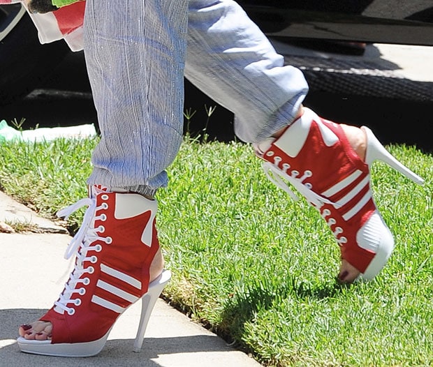 Gwen Stefani wearing Jeremy Scott for adidas high-heel sneakers