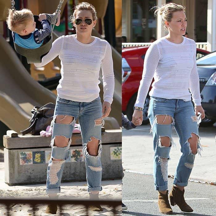 Hilary Duff's distressed jeans with large patches missing