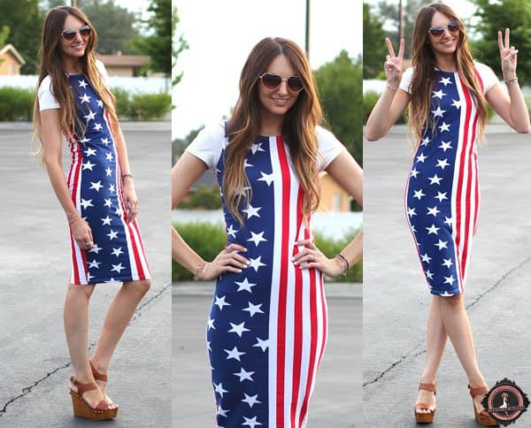 Jackie wears a patriotic American flag dress with wedge heels