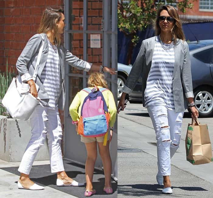 Jessica Alba was spotted looking chic and stylish in a pair of Paige Jimmy Jimmy cropped jeans paired with white Jenni Kayne perforated leather pointed-toe flats