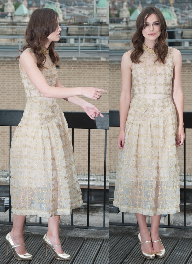 Keira Knightley styled the transparent silk organza dress with her favorite gold Prada Mary Jane pumps