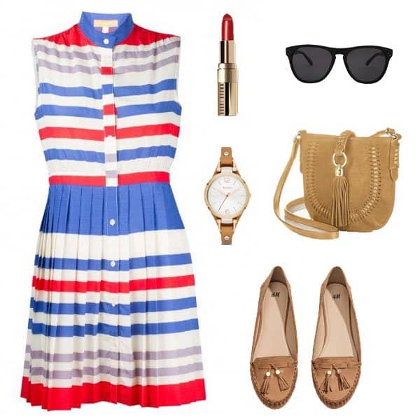 Sleeveless pleated dress with brown loafers and accessories