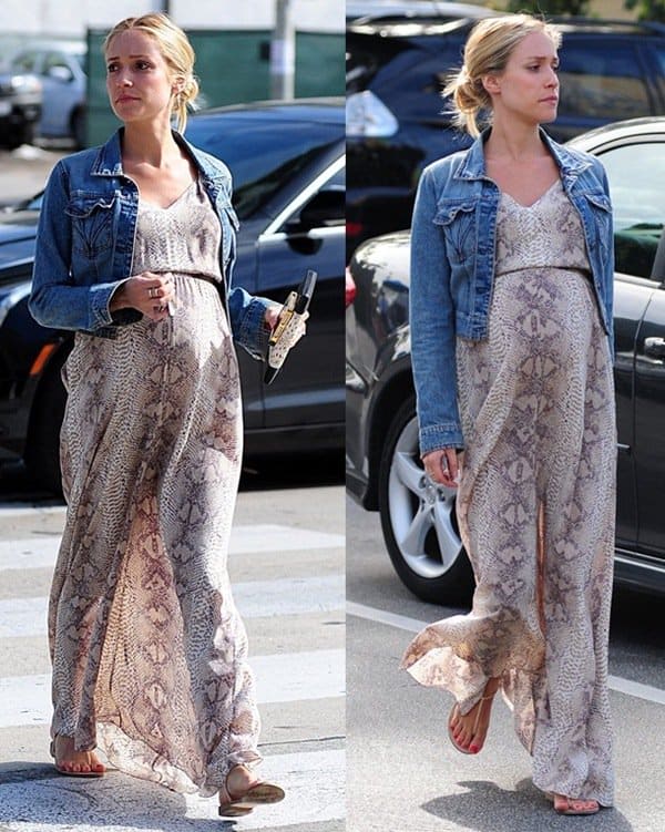 Kristin Cavallari showcases a chic maternity look in a flowing maxi dress paired with a denim jacket while out in West Hollywood