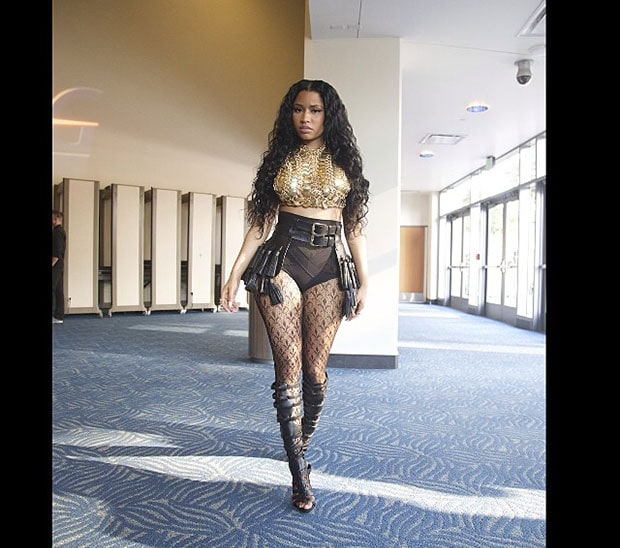 Nicki Minaj wearing a Laurel Dewitt metal top, a Zana Bayne skirt, and Giuseppe Zanotti sandals for the 2014 BET Awards