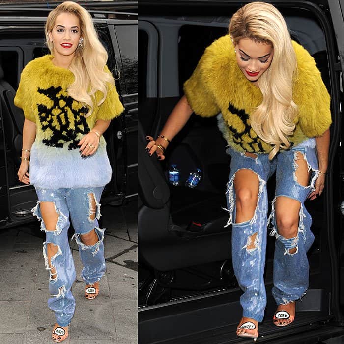 Rita Ora rocks extremely destroyed jeans with big holes when arriving at Global Radio
