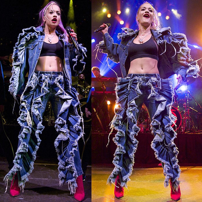 Rita Ora wears a ruffled denim ensemble as she performs on stage at the Joy Eslava Club