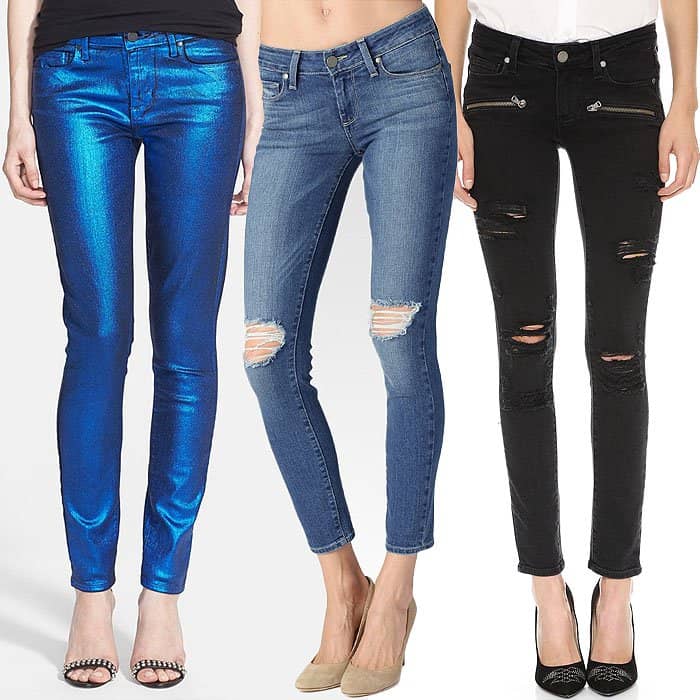 A stylish selection from Paige Denim: the bold metallic blue, casual ripped blue, and edgy black ripped jeans – perfect for any fashion-forward wardrobe