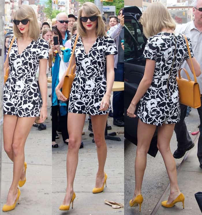 Taylor Swift added color to her outfit with yellow pumps