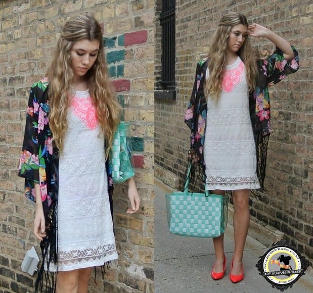 Dani elegantly styles her white dress with a colorful kimono, creating a charming weekend outfit