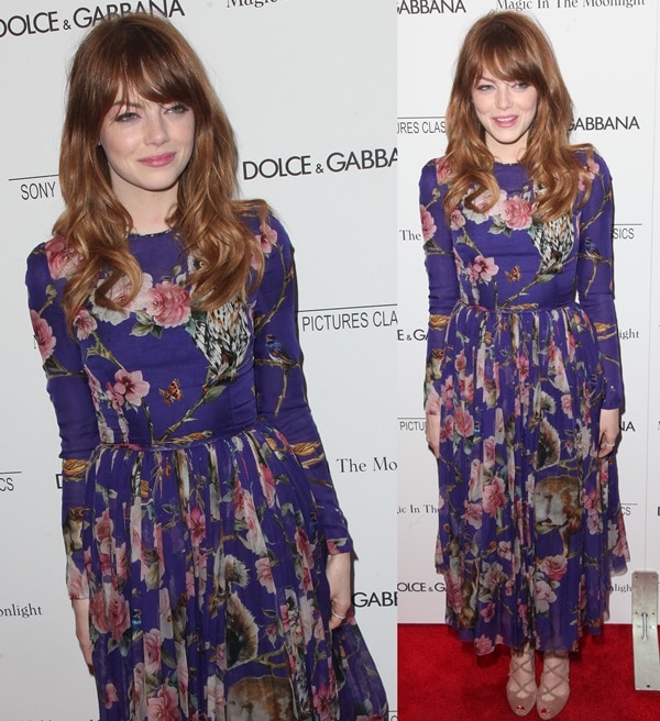 Emma Stone shows how to wear a bold floral print dress with soft waves and neutral heels for a perfect mix of elegance and charm