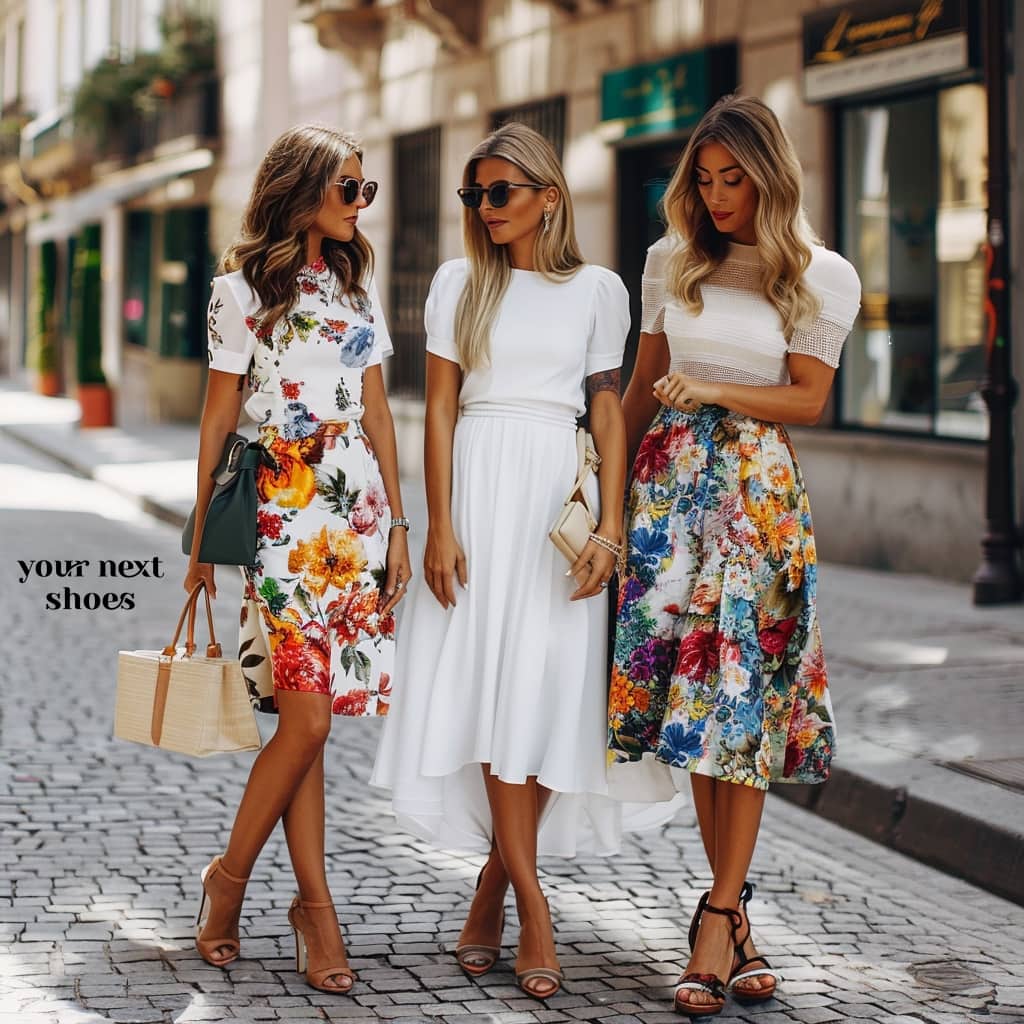 Two women model floral skirts paired with white tops while the central figure contrasts them in a plain white dress, all complemented by summer sandals and elegant handbags on a city street
