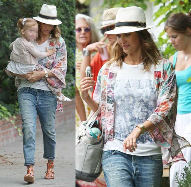 On July 19, 2014, in Los Angeles, Jessica Alba effortlessly styled a chic ensemble featuring a Three Dots kimono wrap, a Pam & Gela twist sleeve muscle shirt in Blue Wallflower, and Citizens of Humanity Premium Vintage Corey slim crop boyfriend jeans in Renegade