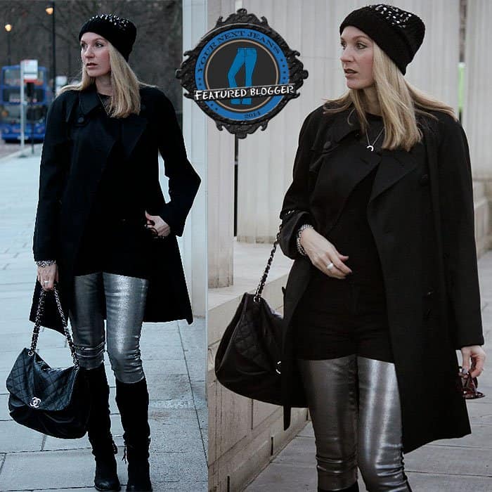 Carmen wearing a black-and-silver look with Acne silver-thigh jeans in London