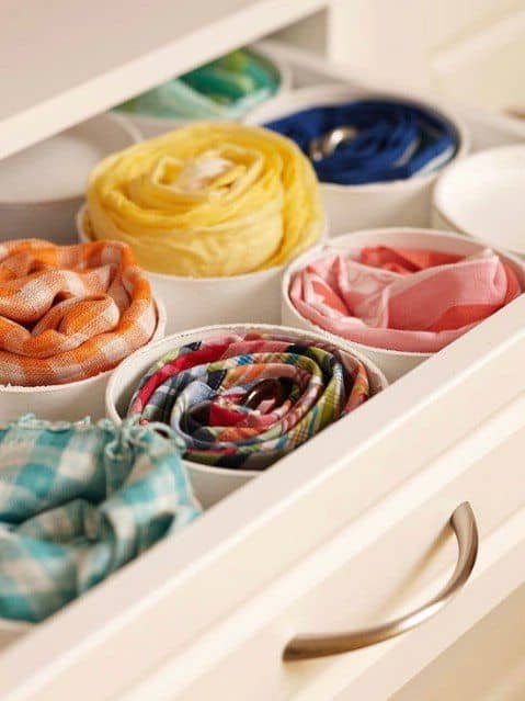 Create a "hanging" scarf organizer using the round gift boxes instead