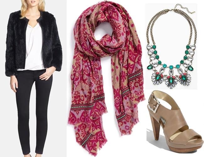 Recreate Taryn Manning's chic DJ style with a black fur jacket, vibrant scarf, statement necklace, and nude platform sandals