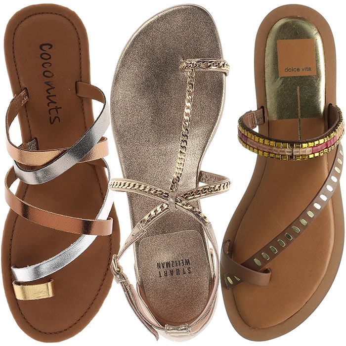 Sleek flat sandals from Matisse Coconuts, Stuart Weitzman, and Dolce Vita elevate any casual outfit