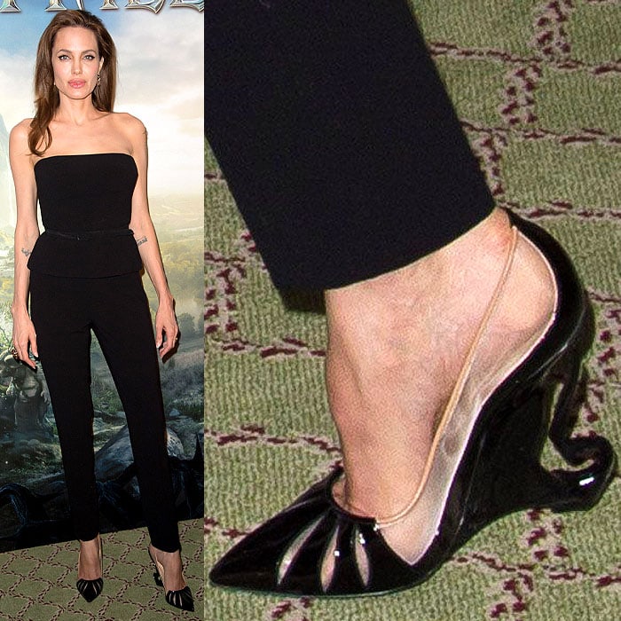 Angelina Jolie wears sculpted wedge heels at the 'Maleficent' photocall