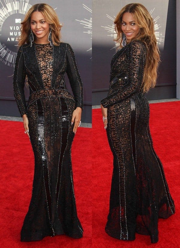 Beyonce Knowles-Carter wears a black Nicolas Jebran Couture dress at the 2014 MTV Music Video Awards