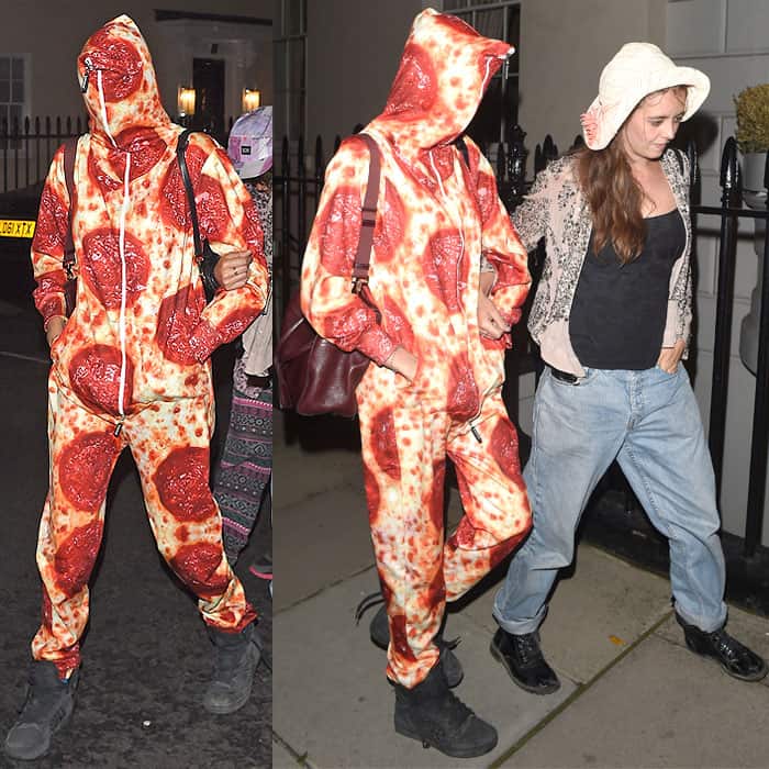 Cara Delevingne wearing a pizza onesie