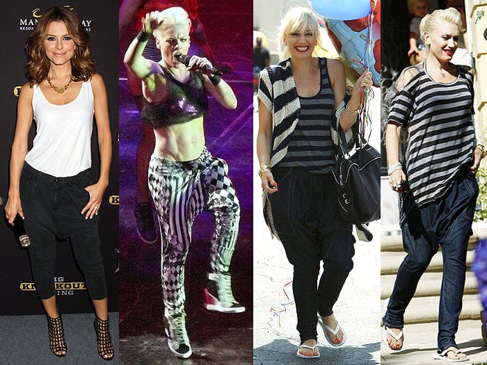 Maria Menounos, Pink, and Gwen Stefani each sport drop-crotch pants, showcasing how this style can adapt from stage performances to casual, everyday activities