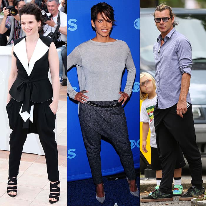 Celebrated at Cannes, Juliette Binoche dons pleated drop-crotch pants, Halle Berry looks chic in a tapered version at a CBS event, and Gavin Rossdale opts for a structured, wrap-front design during a casual day out, showcasing how versatile drop-crotch pants can be