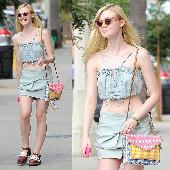 Elle Fanning denim crop top and skirt