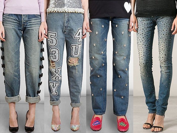 From left to right: Tu Es Mon Tresor bow-embellished boyfriend jeans, Ashish embellished destroyed boyfriend jeans, Tu Es Mon Tresor crystal-embellished boyfriend jeans, and Philipp Plein studded skinny jeans