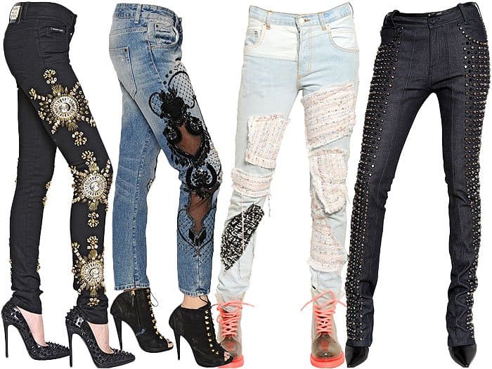 Embellished jeans from left to right: Philipp Plein's gem-embellished jeans, Amen's mesh-paneled embroidered jeans, Vinti Andrews' tweed-patch jeans, and Diesel Black Gold's studded leather-trim jeans