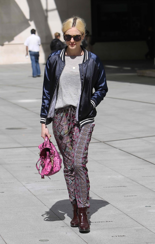 Fearne Cotton wears printed drawstring pants with a bomber jacket