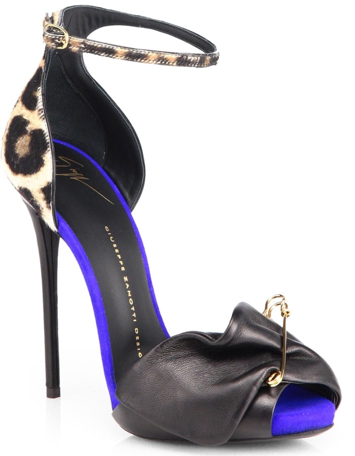 Giuseppe Zanotti Black Leopardprint Calf Hair Safety Pin Sandals