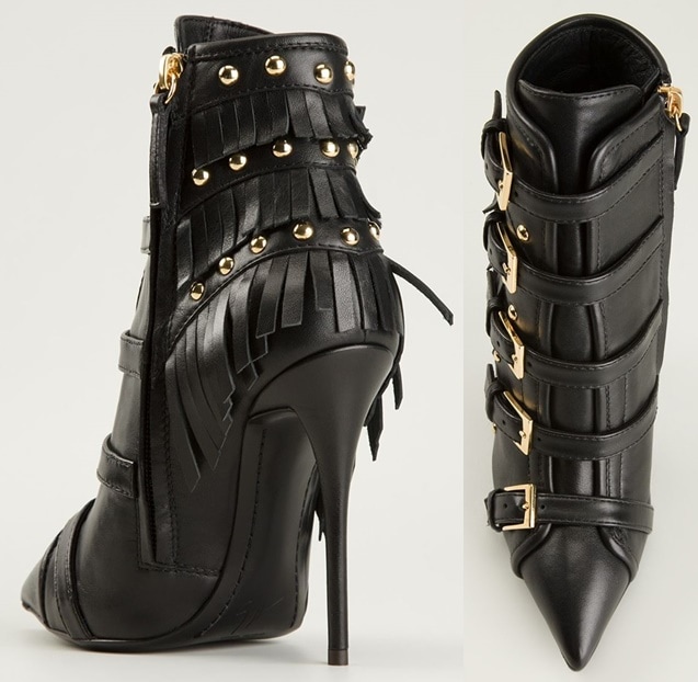 They feature fringe details, gold-tone studs along the heel counters, and multiple side-buckle fastenings