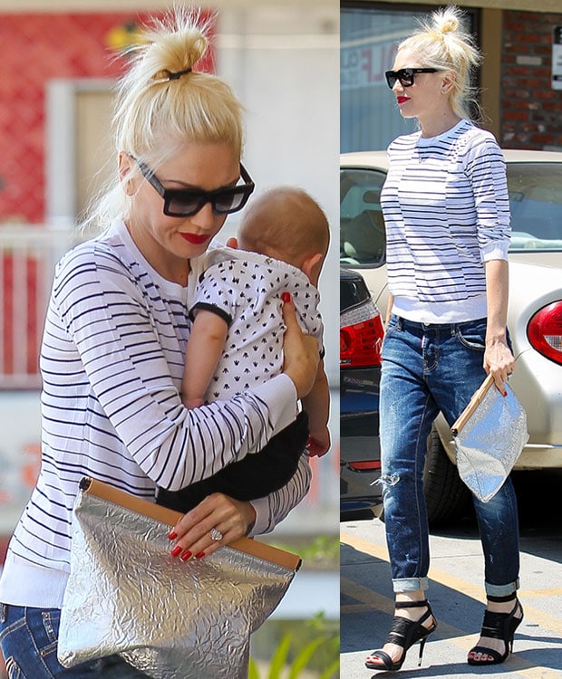 Wearing a black-and-white striped top and a pair of distressed boyfriend jeans, Gwen Stefani was able to display her rock ‘n’ roll fashion effortlessly