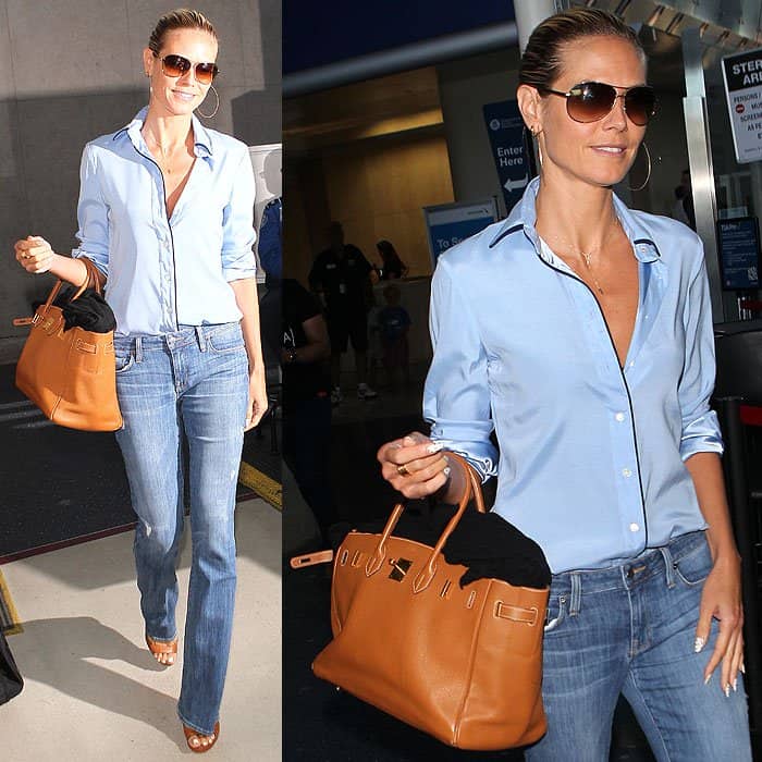 Heidi Klum styled her pajama shirt with Genetic Denim "Leaf" fit-and-flare jeans