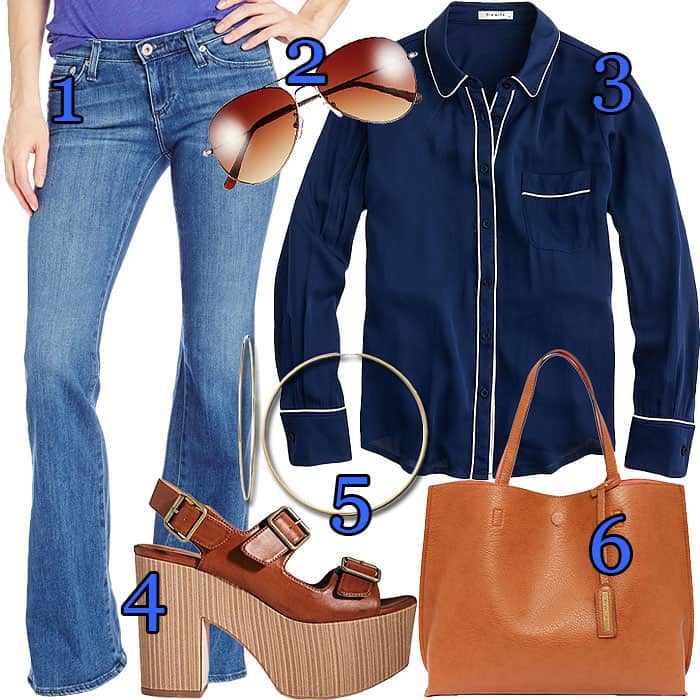 Heidi Klum's chic airport-inspired look includes 1. AG Adriano Goldschmied "Belle" Flare Jeans, 2. Outlook Eyewear "In Stitches" Aviator Sunglasses, 3. Piamita "Isabella" Shirt, 4. ASOS "Hinton" Buckled Platform Sandals, 5. Nordstrom Endless Oversized Hoop Earrings, and 6. LuLu*s "Switch It Up" Reversible Vegan Leather Tote