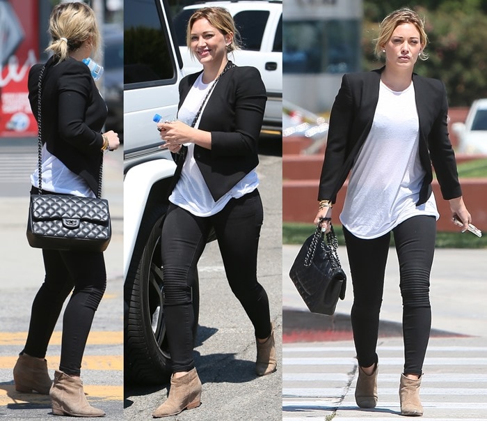 Hilary Duff shows how to wear black jeans with a tuxedo blazer and booties