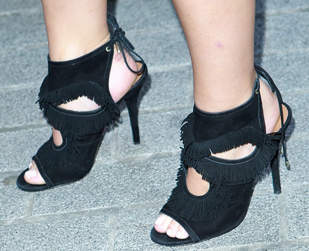 Jenna Coleman wearing Aquazzura fringed sandals