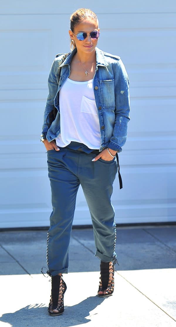 Jennifer Lopez styled Isabel Marant's cotton and linen-blend 'Den' pants with a vintage-inspired McGuire Denim jacket