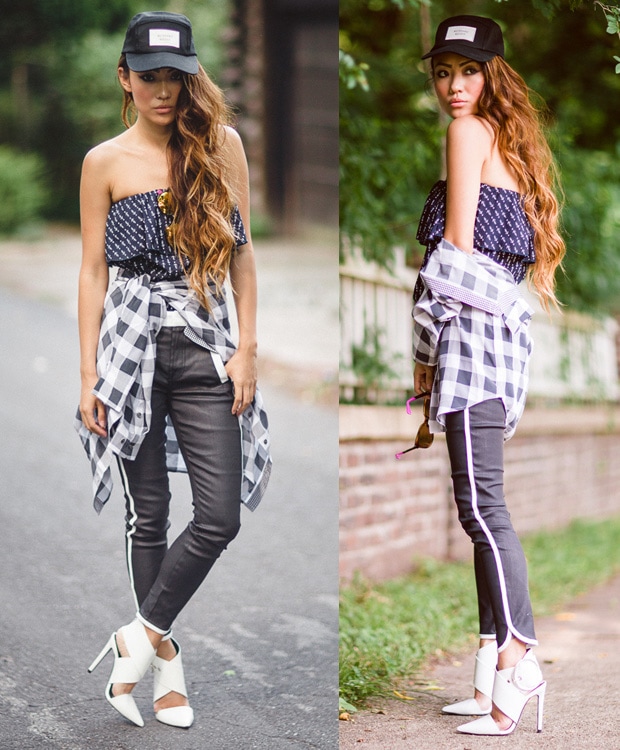 Jessica in a tube top under a checkered shirt, two-tone pants, and white pointed-toe pumps