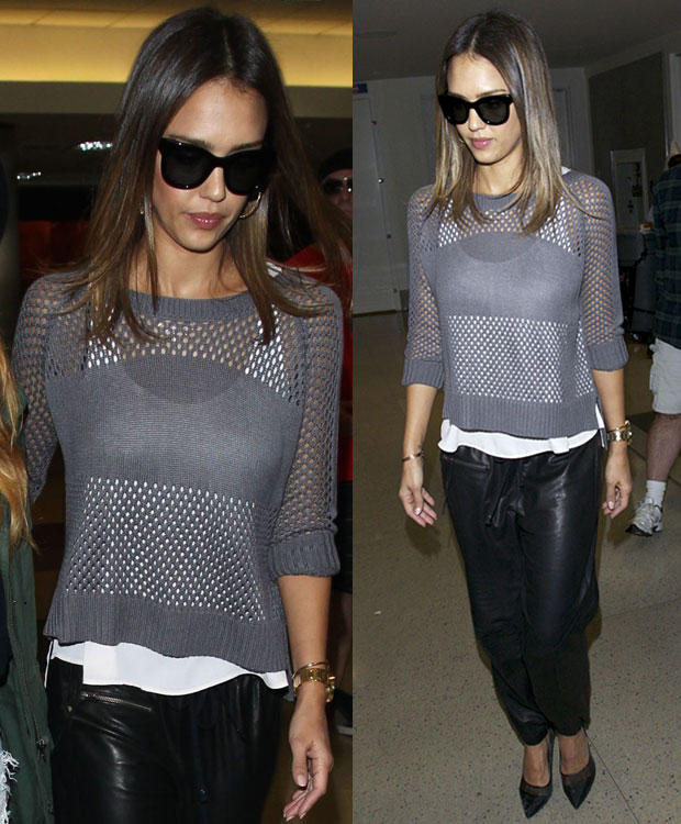 Jessica Alba in Pam & Gela Leather Track Pants and Heartloom Sweater